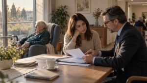 Anziano in RSA con familiare e avvocato durante una consulenza su possibile revoca o sospensione indennità di accompagnamento e retta sanitaria